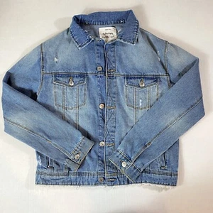 Zara Kids Girls Denim Jacket Sz 13-14 Raw Hem Side Pockets Distressed - Picture 1 of 10