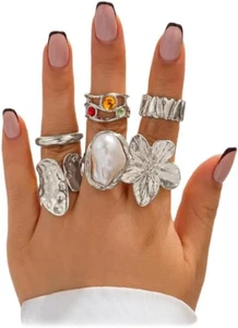 Chunky Gold Rings for Women, Baroque Pearl, 6Pcs Stackable, Trendy Midi Rings - Picture 1 of 11