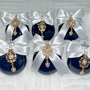 Black and White w Golden Charms Shatterproof Christmas Ornaments Set of 6 New - Picture 1 of 5