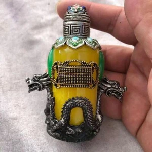 Rare Tibetan Silver Double Dragon Jade Copper Snuff Bottle China Antique 90x65mm - Picture 1 of 4