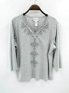 Alfred Dunner Top SZ L Gray Pullover 3/4 Sleeve Shirt Women's Blouse Beaded - Picture 1 of 8