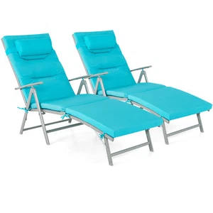 2PCS Outdoor Folding Chaise Lounge Chair Recliner Cushion Pillow Adjustable - Picture 1 of 9
