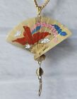 Vintage 70&#39;s Asian Chinese Articulated Gold Brass Fan Necklace Charm Pendant NOS