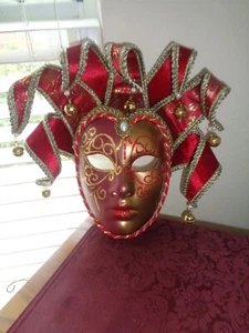 Original Venezia Hand Painted Mask Made in Italy Red/Gold Jester VGC - Picture 1 of 6