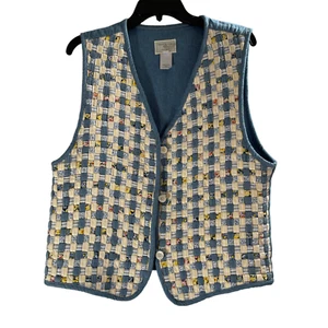 Vintage Blue Yellow Susan Bristol Braided Woven Patchwork Quilt Vest Size Large - Picture 1 of 12
