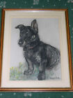 VERY LARGE ANTIQUE SCOTTISH TERRIER DOG PASTEL PAINTING BY K.F. BARKER 1939 