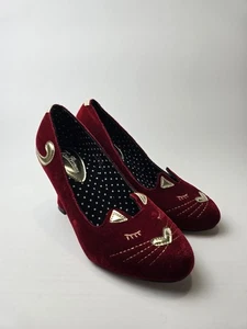 Joe Browns rot Samt und Gold Katze Kätzchen Schuhe Pfennigabsatz UK Größe 4 weite Passform - Bild 1 von 13