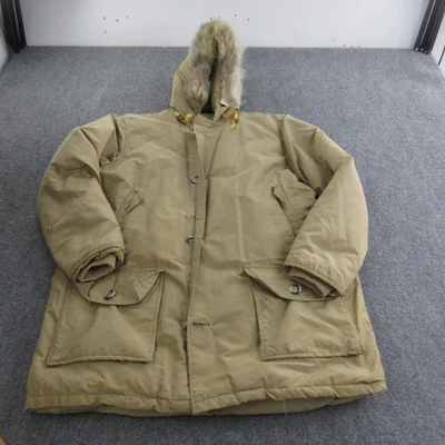Woolrich Goose Down Parka Coat Mens Large Tan Hooded Fur Trim Winter Jacket - Image 1 of 4
