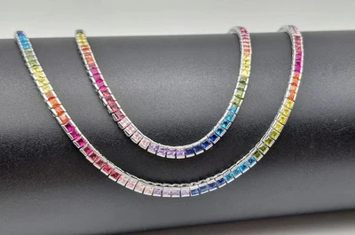 20 TCW Princess Cut Lab Created Rainbow 18'' Tennis Necklace 14K White Gold OVER - Image 1 of 4