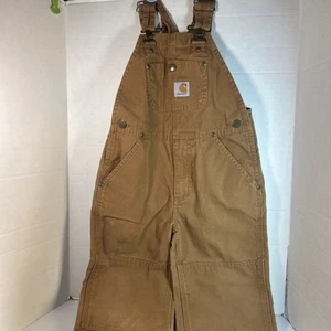 Carhartt Double Knee Bibs Overalls Duck Canvas Tan Brown Work Wear Youth Size 5 - Picture 1 of 8