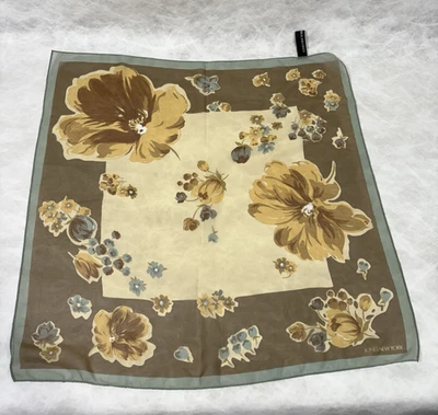 "Bufanda cuadrada floral Jones New York 20"" marrón beige azul vintage poliéster Corea" Foto 1 de 4