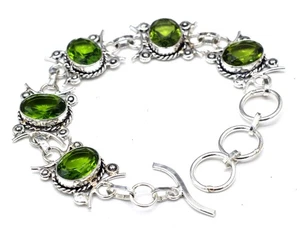 Green Peridot Gemstone Handmade 925 Sterling Silver Jewelry Bracelet Size-7-8" - Picture 1 of 3