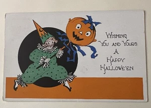 Bezaubernde Vintage 20er Jahre Halloween Postkarte mit Fantasy Clown und Kürbiskopf - Bild 1 von 2