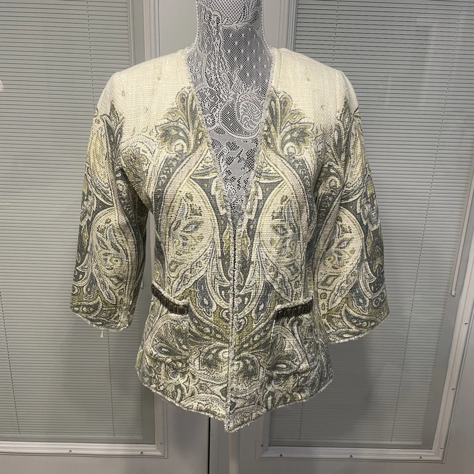 NUEVO CON ETIQUETAS $149 Chaqueta Chico's Heritage Tweed Embellecida Crema/Verde Cachemira Talla 0/S Foto 1 de 4
