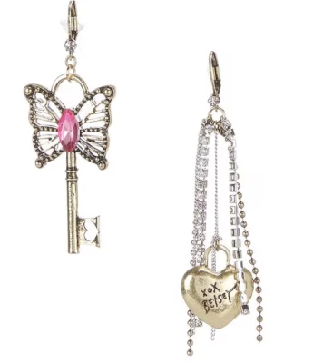 BETSEY JOHNSON Boho Butterfly Key Crystal Heart Mismatched Drop Earrings - NEW! - Image 1 of 3