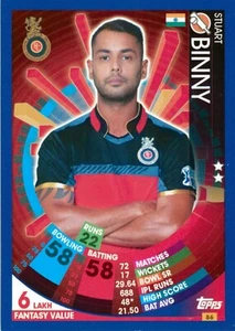 2017 2018 ROYAL CHALLENGERS IPL Cricket Card STUART BINNY Topps Attax - Imagen 1 de 2