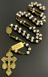 Genuine Mother Of Pearl Brown Lace MOP Capped Rosary Bronze Tone Crucifix, Tag - Picture 1 of 8