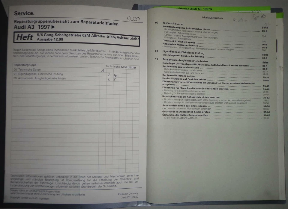 Manual de Taller Audi A3 8L 5/6 Marchas Motor Cambio 02M Quattro Desde 1997 - Imagen 1 de 1