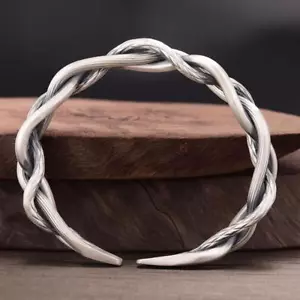 Men 925 Sterling Silver Thai Handmade Vintage Open Bangle Twisted Cuff Bracelets - Picture 1 of 12