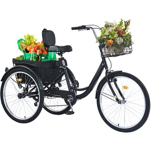 26in Trike 7 Speed Adult Tricycle 3-Wheel Bike w/ 2 Big Basket for Picnic Black - Picture 1 of 8