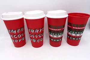 Lot of 4 STARBUCKS Christmas Holiday Limited Reusable Cup Grande 16oz CLEAN NICE - Picture 1 of 6
