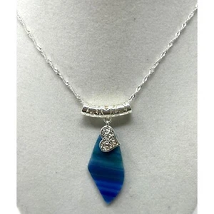 Ciondolo in vetro caduto blu, catena cavo placcato argento 20" e bobble con ciondolo cuore - Foto 1 di 6