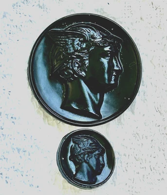 Two Black Glass Picture Buttons. Mercury/Hermes. Backmarks.  Mother/Daughter. - Image 1 of 4