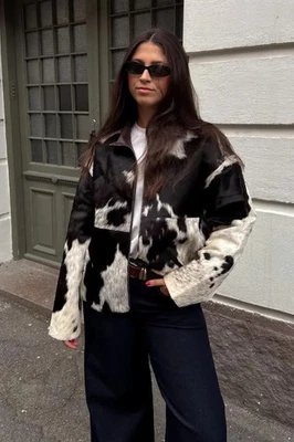 Women’s Black White Cowhide Leather Jacket Handmade Hair-on Hide Western Coat - Image 1 of 4