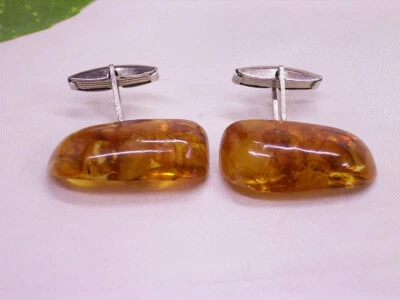 BERNSTEIN MANSCHETTENKNÖPFE: METALL / SILBERFARBEN / EINSCHLÜSSE: 1980er JAHRE - Bild 1 von 4