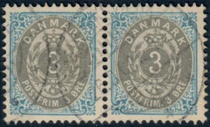 DENMARK. 1902. #41d. 3 Øre, Wm. New Crown. Pair. INVERTED FRAME. VFU (PK2307) - Picture 1 of 2