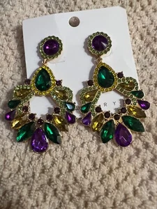 NEW Mardi Gras Earrings, Glittery Rhinestone Party Jewelry Purple Green Gold - Picture 1 of 8