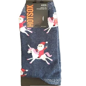 Hot Sox Kid's Santa Unicorn Crew Socks 1 Pair, Blue, Shoe Size: 4 - 10 Youth - Picture 1 of 6
