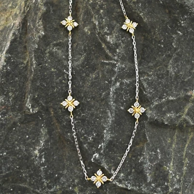 18k Yellow & White Gold Diamond Flower Cable Chain Link Necklace 18 1/4" Long - Image 1 of 4