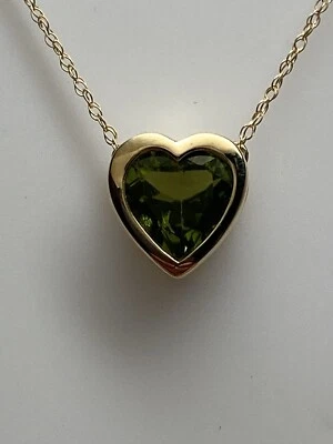 10K Yellow Gold Heart Shape Peridot Bezel Set Pendant and Chain NEW - Image 1 of 4