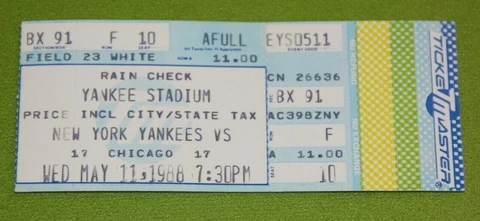 New York Yankees Ticket Stub | May 11 1988 | Rickey Henderson Hit Cover
