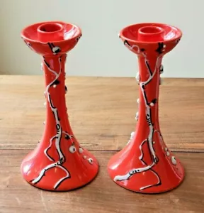 Vintage Pair of Orange Glass Art Candlestick Holders Marked Italy 1537/1197 - Picture 1 of 6