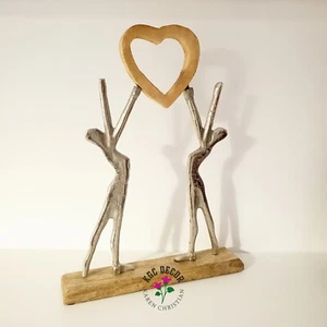 Lovers Holding Heart Ornament Mango Wood Metal Sculpture Figurine Modern Gift - Picture 1 of 11