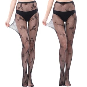 Women Sexy Fishnet Mesh Footed Pantyhose Skull Print Cosplay Stockings Tights - Picture 1 of 9