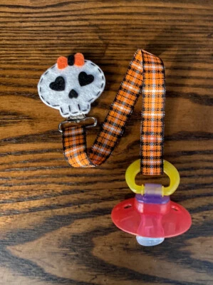 Halloween Girly Skull Ribbon Pacifier holder clip strap, binky, paci leash-New - Image 1 of 2