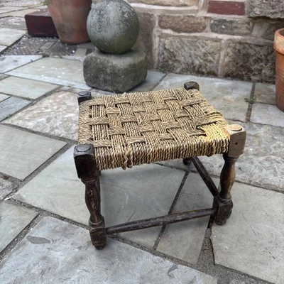 Lovely Small Vintage Woven Wicker  Wood Stool Wooden Footstool PLEASE SEE INFO - Image 1 of 4
