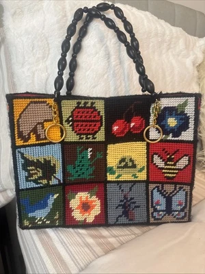 Vintage Columbia Minerva Needlepoint Tote Bob Miller Ecology Mushrooms Insects - Image 1 of 4