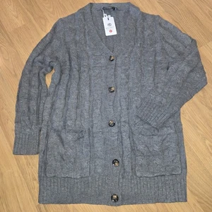 Merokeety klassische graue Strickjacke mit Zopfmuster Pullover Knöpfe Taschen Damen XXL - Bild 1 von 10