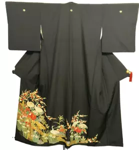Kimono Tomesode japonés vintage poliéster grúa negra escudo familiar altura 62 pulgadas - Imagen 1 de 23