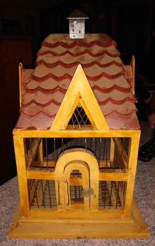 Vintage Wood & Wire 16" Bird Cage Red Roof "AS IS" WOOD DAMAGE &MISSING 2 SPOKES Cover