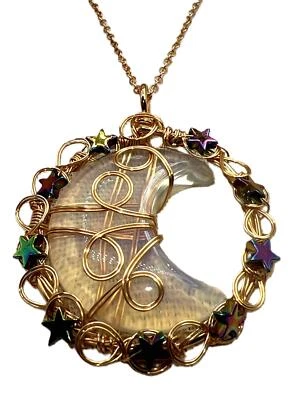 New Opal Copper Wire Wrapped Moon Pendant Gold Tone Necklace - Image 1 of 4