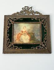 Antique Painting - Portrait Miniature of Woman in Garden - Bronze Frame - 19th C