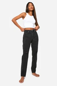 Pantalones de mezclilla lavados negros de cintura alta rasgados para mamá B800 - Imagen 1 de 4