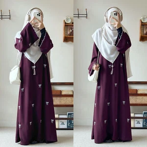 Vestido Eid Muslim Abaya Lujo Estampado Bownot Mujeres Musulmanas Modesto Vestido Bata - Imagen 1 de 20