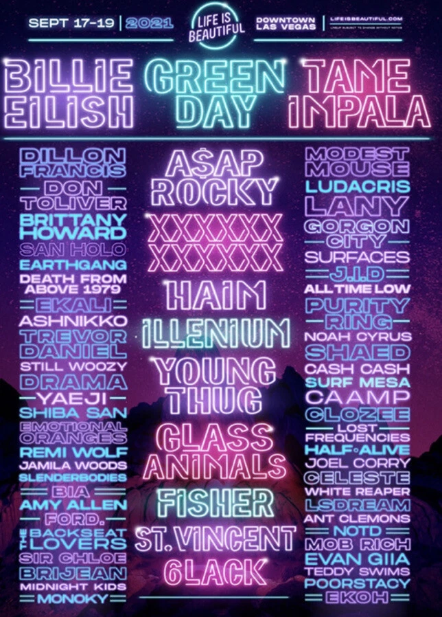 GA 3 Day Life Is Beautiful Festival Tickets Billie Eilish Tame Impala Green Day - Image 1 of 1