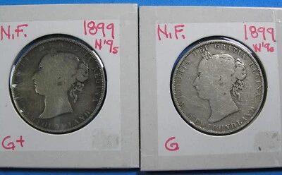 Lot of 2 Coins Newfoundland 50 Cents .925 Silver 1899 Narrow 9's & Wide 9's - Image 1 of 4